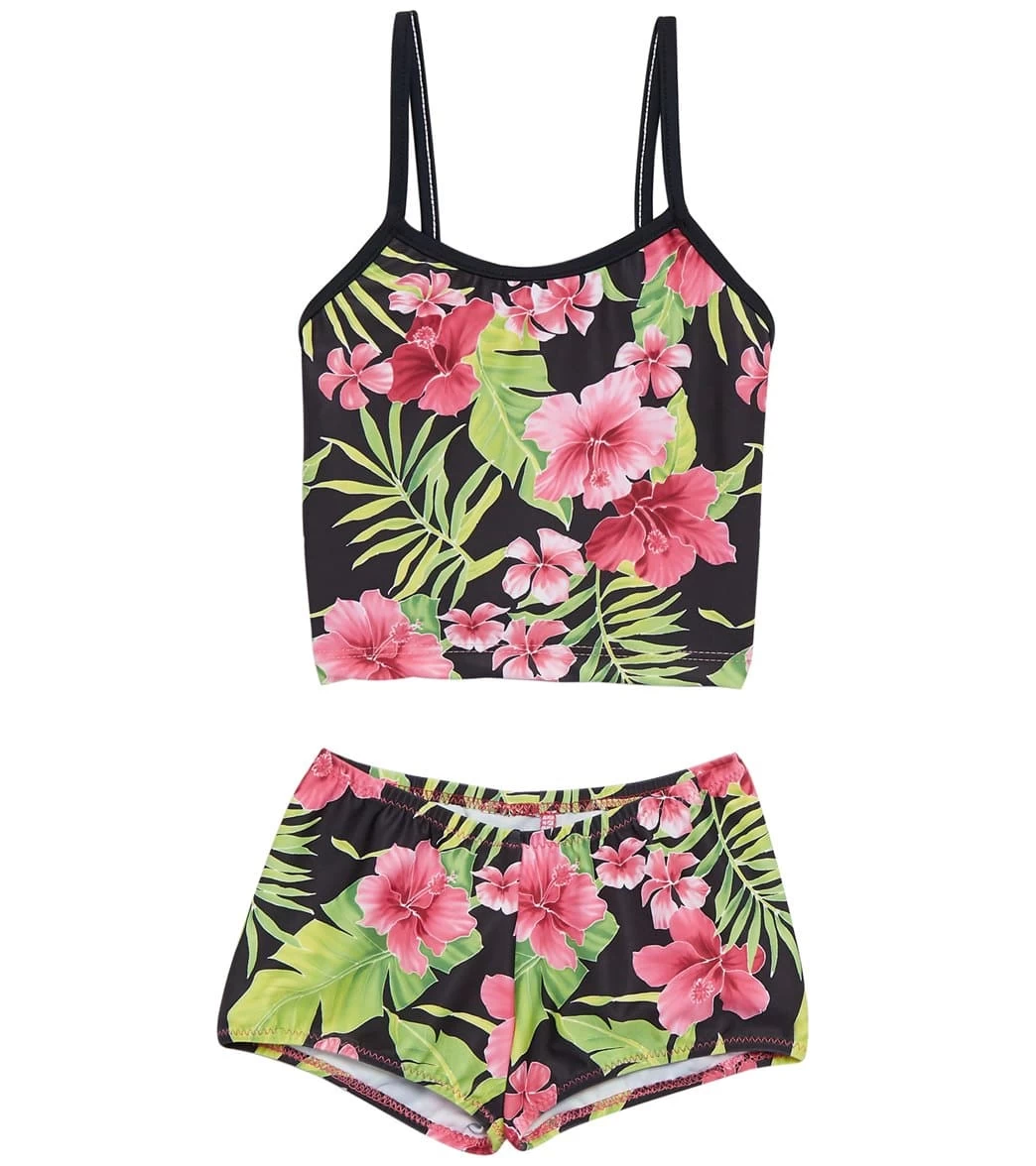 Girls' Hibiscus Black Surf Bottom Two Piece Tankini Set (Toddler, Little Kid, Big Kid)