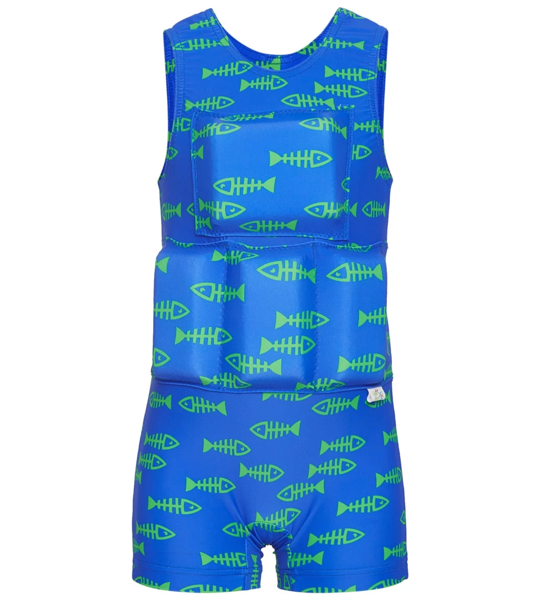 Boy's Bright Blue And Green Fish Bone Flotation Swimsuit
