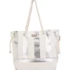 Silver Metallic Striped Shoulder Tote