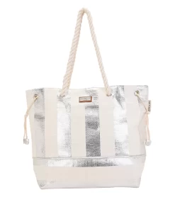 Silver Metallic Striped Shoulder Tote
